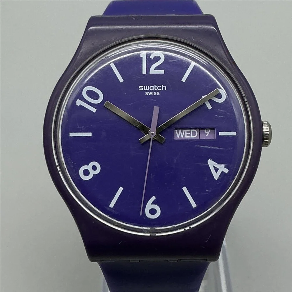 Swatch Backup Purple Mens Watch 41mm Purple Dial Day Date Swiss New Battery